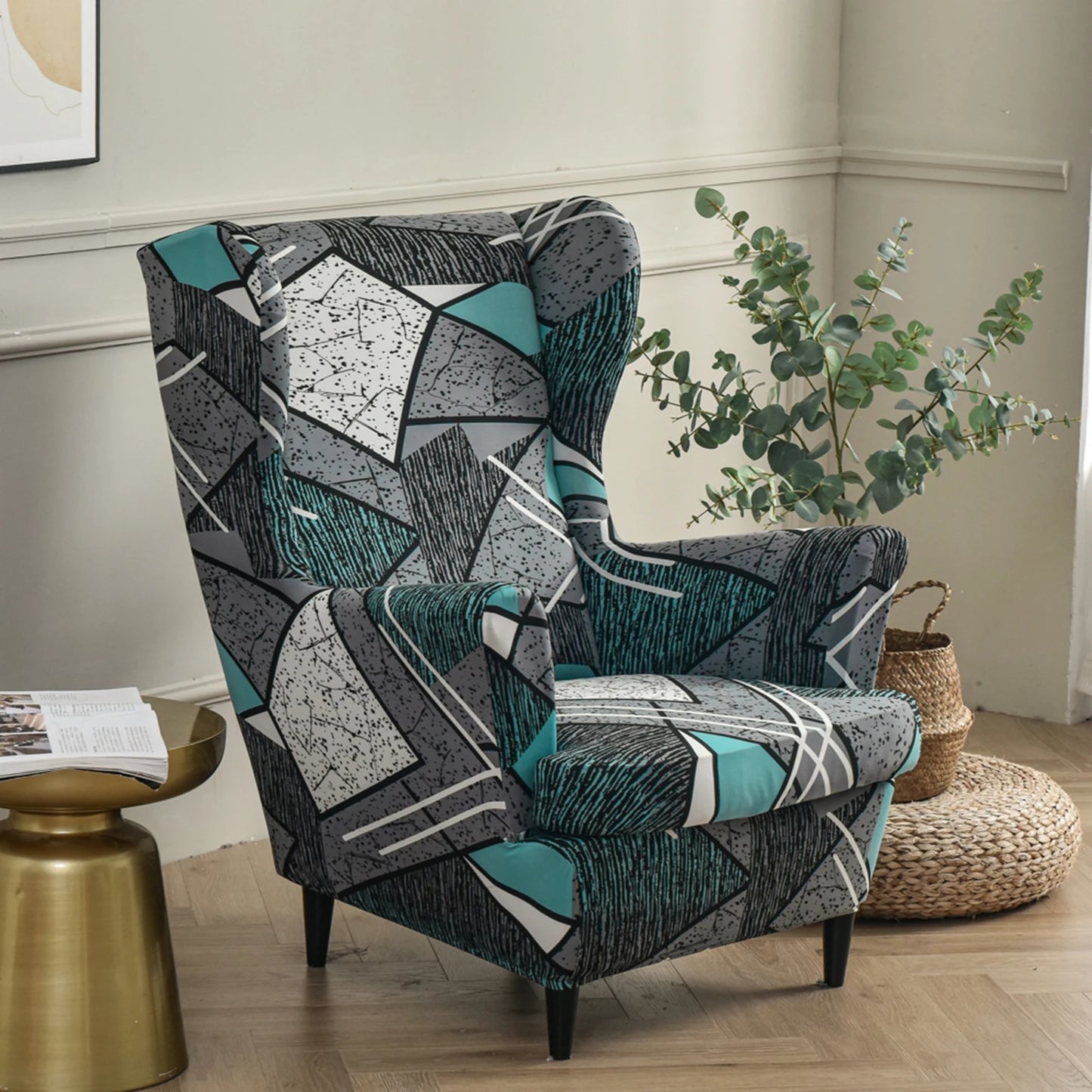 Printed Wing Chair Cover Wingback Stretch Spandex Armchair Covers Nordic Removable Relax Sofa Slipcovers With Seat Cushion Cover by S And B Enterprise
