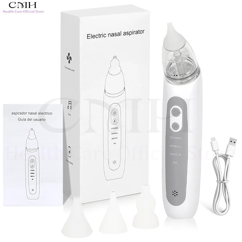Electric Baby Nasal Aspirator by S And B Enterprise, white/gray device with 3 suction modes and three silicone tips
