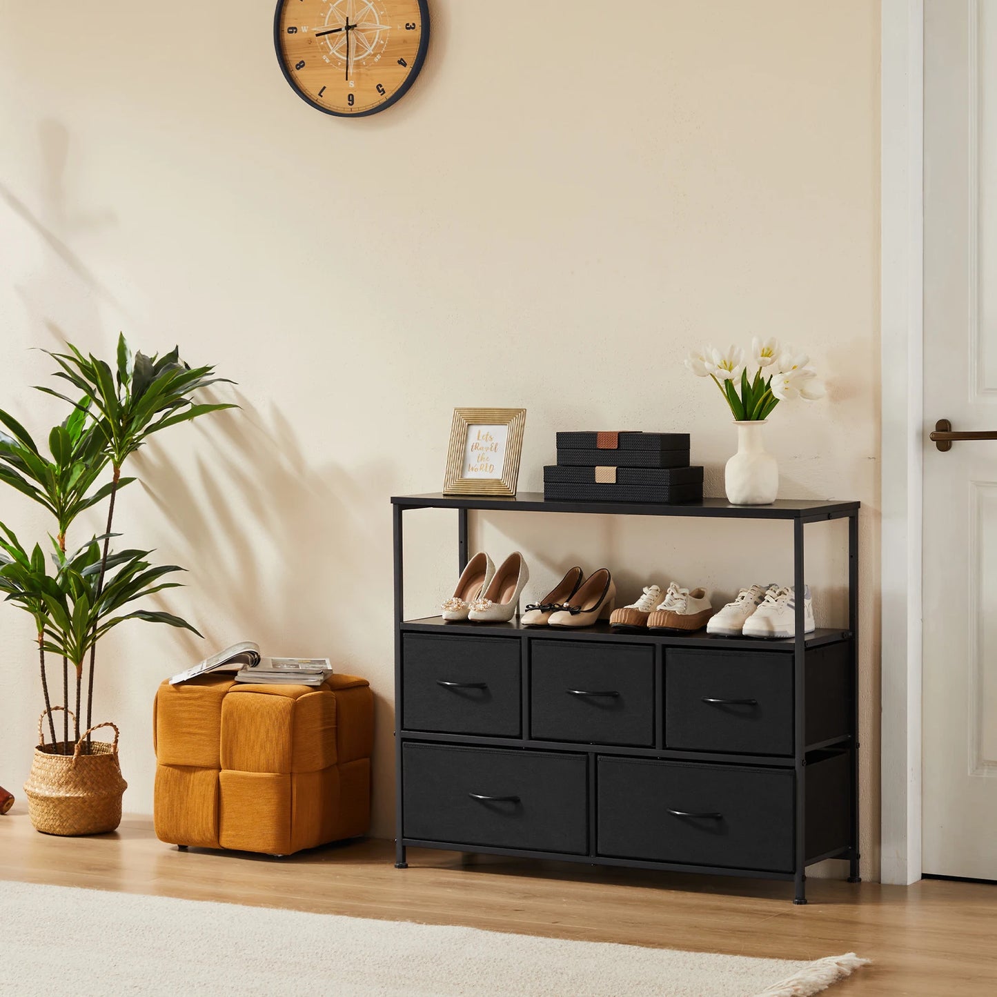 JHK Shoe Cabinet Dresser With 5 Fabric Drawers Toy Storage TV Stand Multilayer Shoe Rack Space Saving Cabinet Of Home Furniture by S And B Enterprise