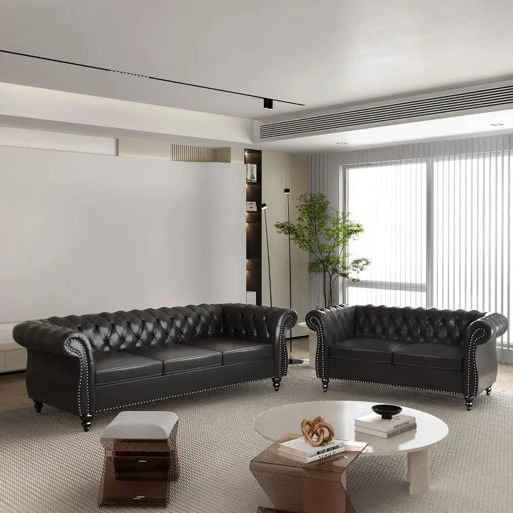 Chesterfield Leather Sofa And Loveseat Set With Scroll Arm by S And B Enterprise