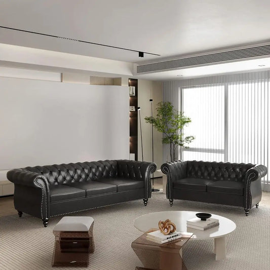 Chesterfield Leather Sofa And Loveseat Set With Scroll Arm by S And B Enterprise