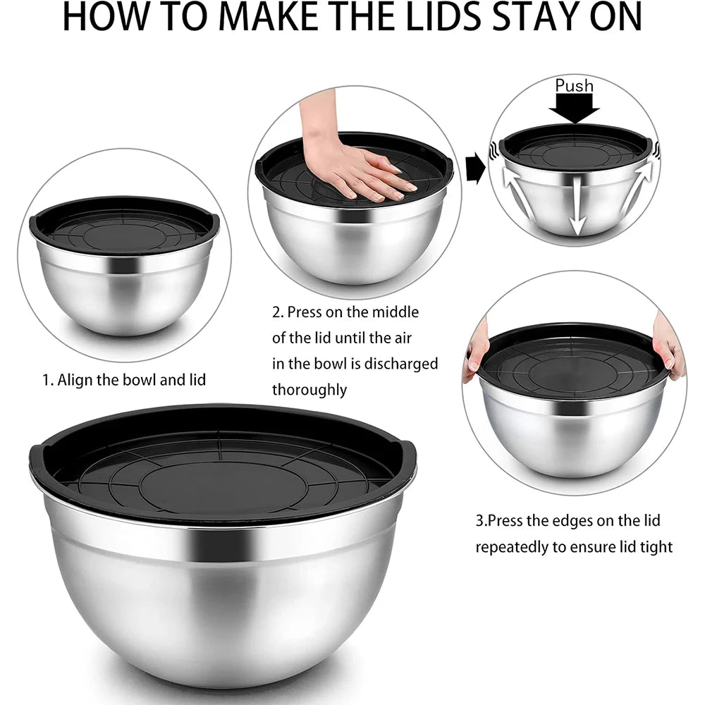 LMETJMA 6 Pcs Stainless Steel Mixing Bowls with Black Lids Kitchen Nesting Salad Mixing Bowl With Non-slip Silicone Bottom JT327 by S And B Enterprise