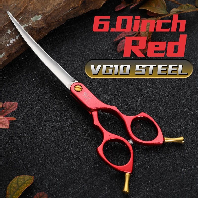 Pet grooming scissors, red curved 6.0–6.5 inch VG10 steel for dogs and cats