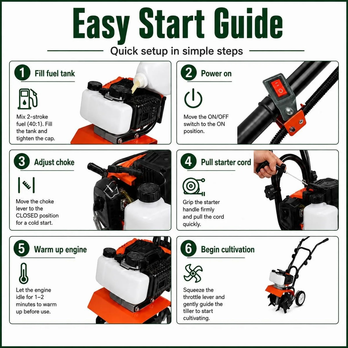 S And B Enterprise 52cc gas tiller cultivator with orange frame, white fuel tank and adjustable steel tines.