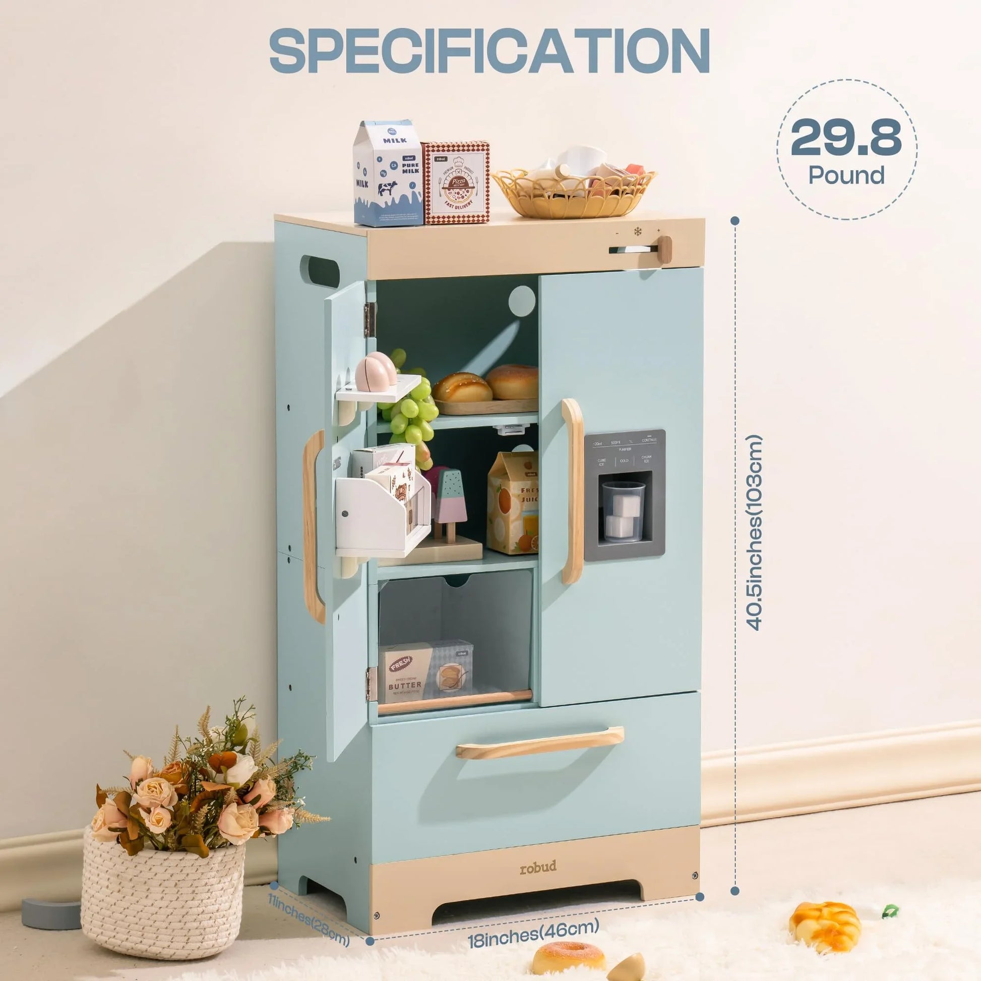 Robotime Robud Play Kitchen Fridge Refrigerator with Ice Dispenser Wooden Kids Play Kitchen Playset Toy for Ages 3+Blue by S And B Enterprise