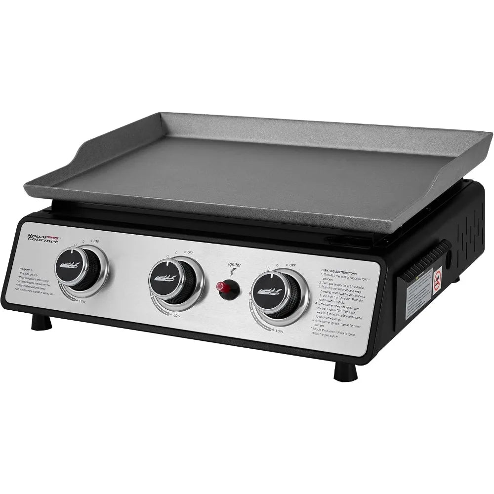 Portable 3-burner Royal Gourmet tabletop gas griddle in black and silver with 25,500 BTU and 304 sq in cooking surface