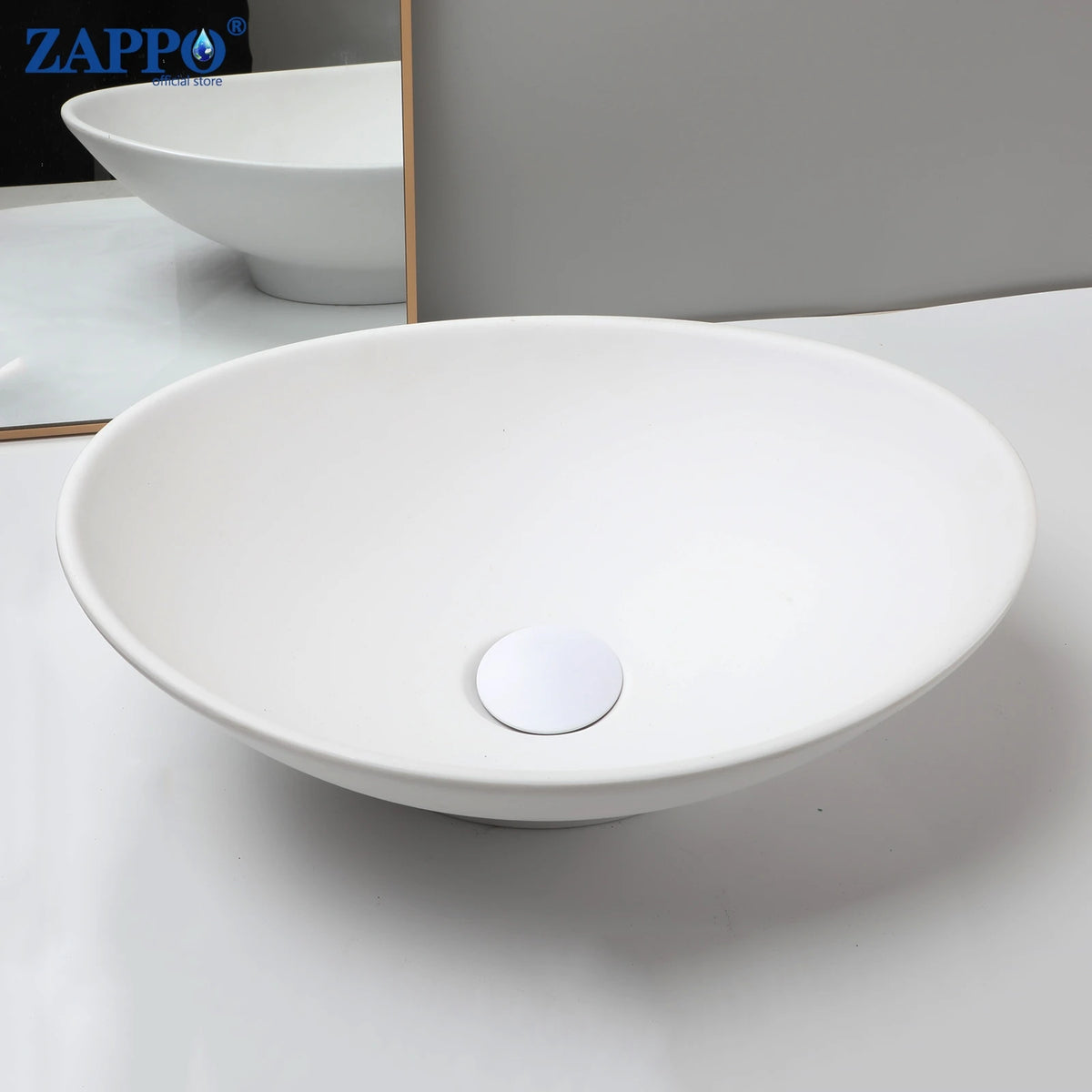 ZAPPO bathroom vessel sink with drain, round white stone-resin bowl, above-counter design