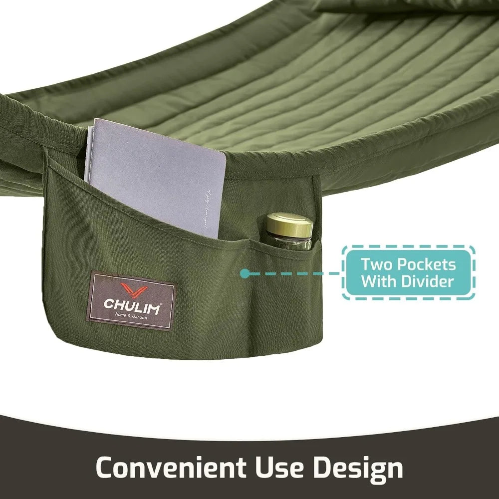 Double Quilted Fabric Hammock With Hardwood Spreader Bars And Pillow