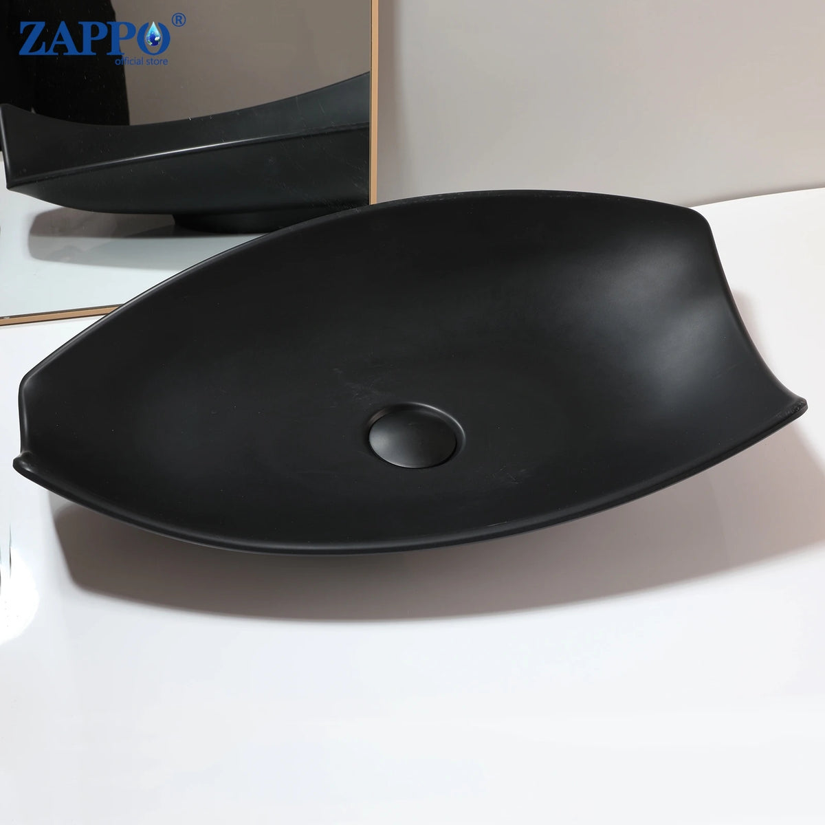 ZAPPO black oval above-counter bathroom vessel sink with drain; stone resin washbasin