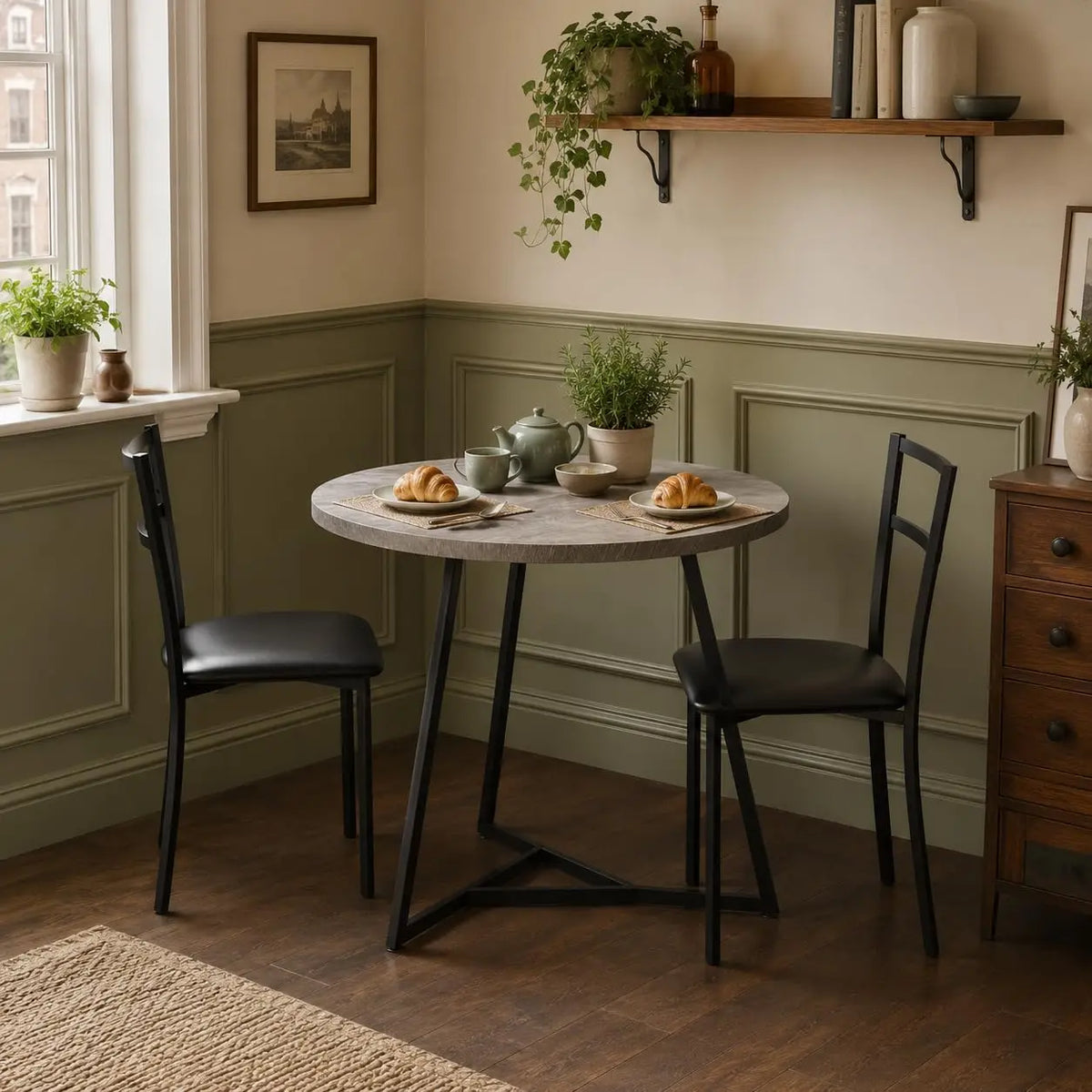 Round dining table set with two black upholstered chairs; rustic brown finish, space-saving 3-piece for two.