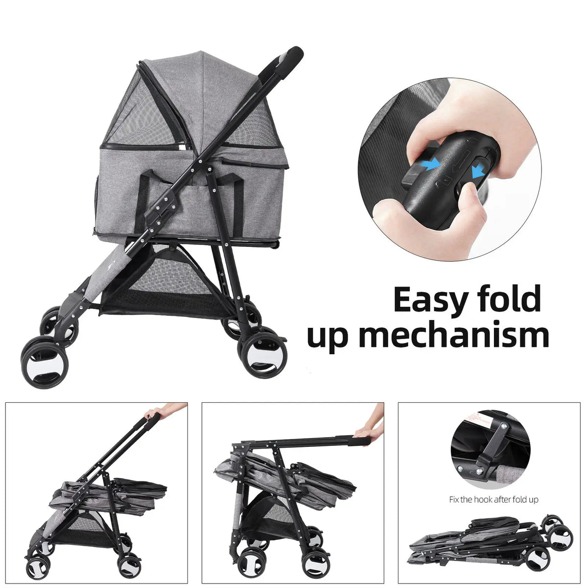 Large 4-wheel dog carrier trailer pram with mesh windows, gray fabric by S And B Enterprise