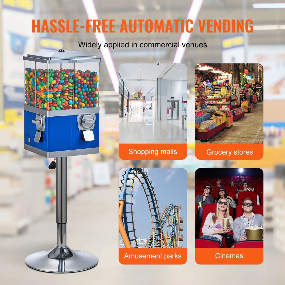 Four-compartment rotatable gumball and candy dispenser on adjustable-height blue coin-operated stand.