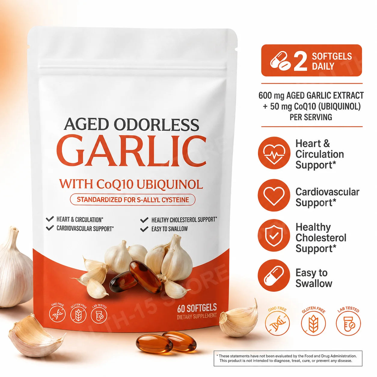 Odorless Aged Garlic Extract Softgels, 600mg AGE with 50mg CoQ10 Ubiquinol, Standardized S-Allyl Cysteine, Lifestyle, 60 Count
