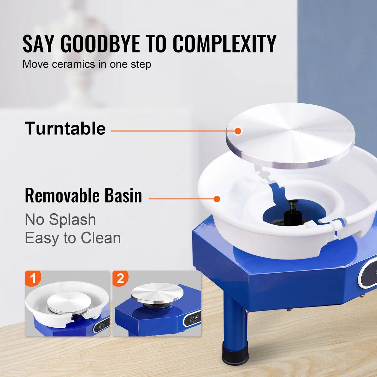 Pottery wheel with blue base and white turntable; detachable basin for home pottery crafts