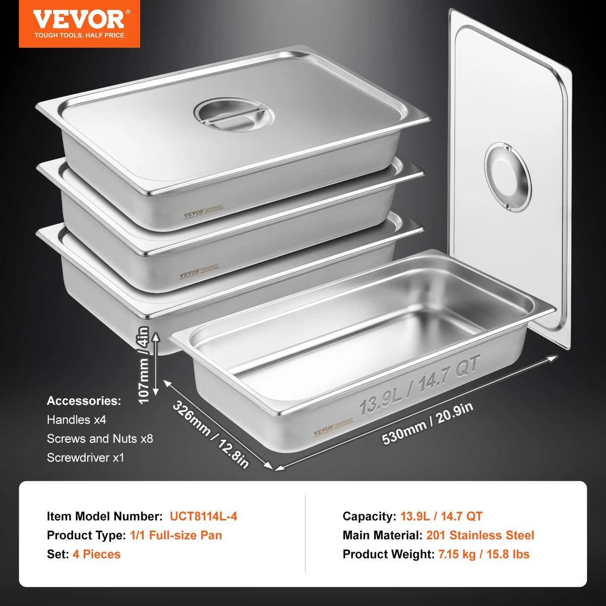 Hotel pans set: 4-piece stainless steel with lids, full-size, 4-inch deep anti-jam steam pans (VEVOR).