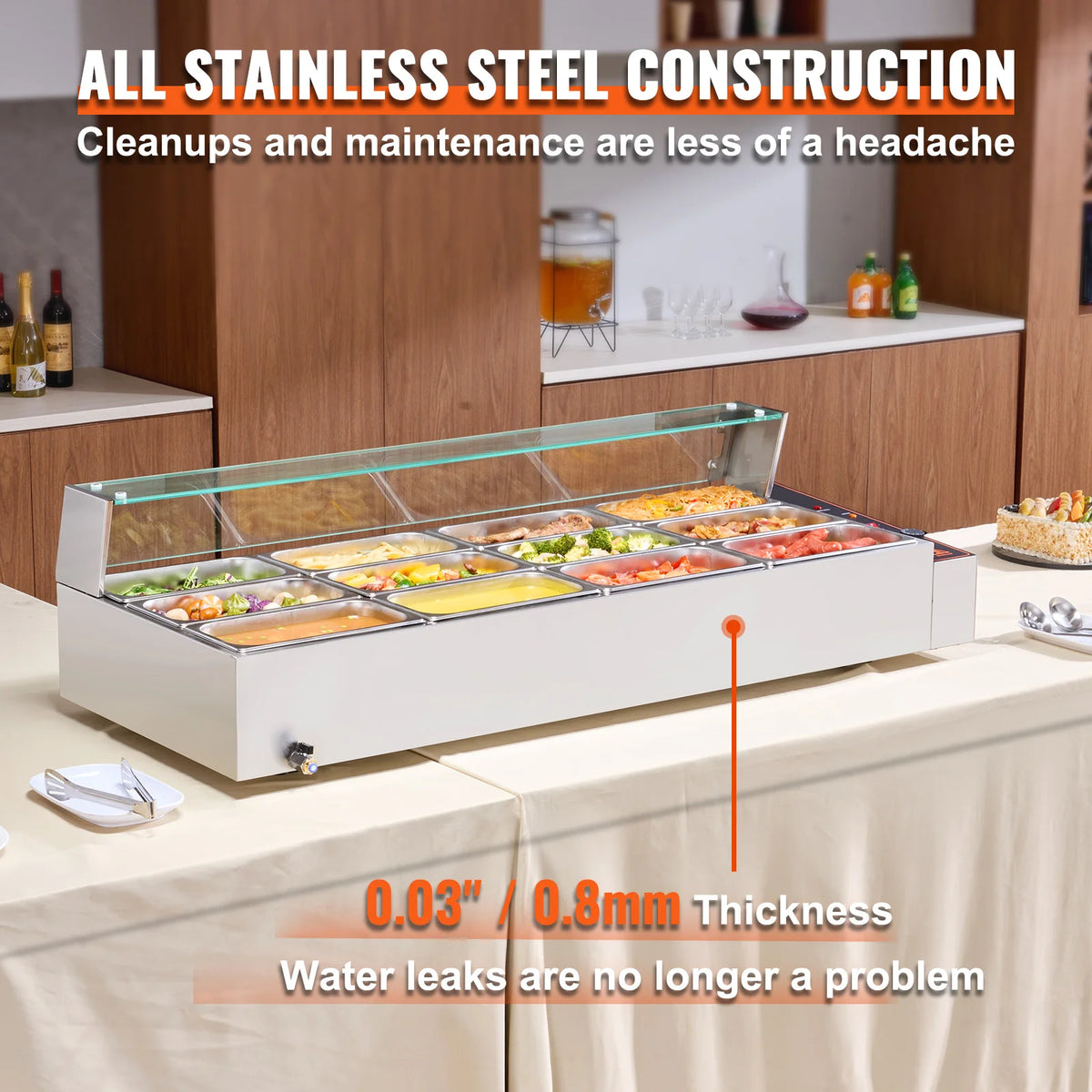 Stainless steel commercial food warmer steam table with glass lid for catering buffets