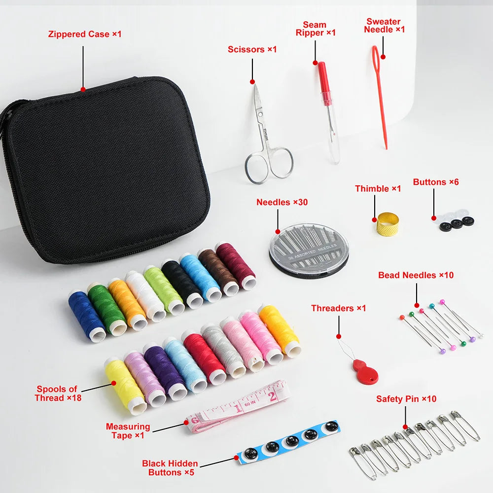 Portable sewing kit in a black zippered canvas case with multicolor thread spools, scissors, needles, and tools.