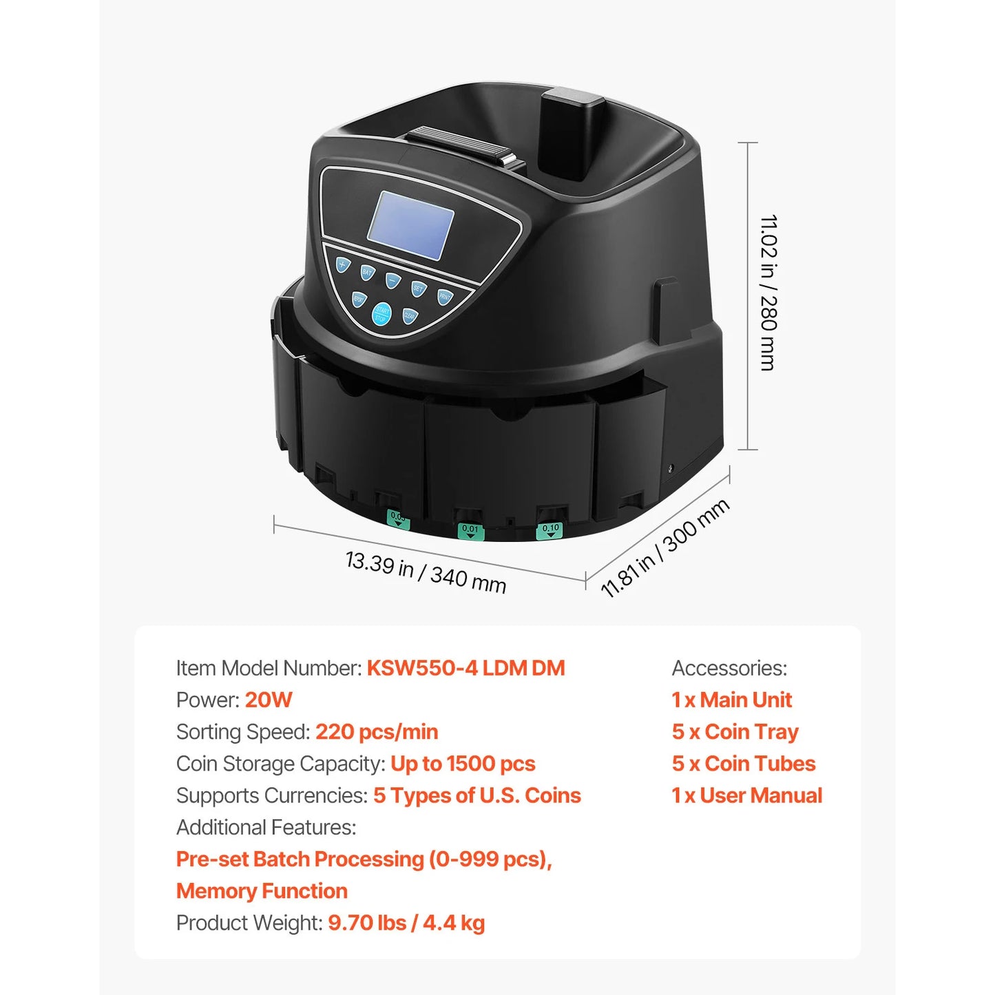 SucceBuy Coin Sorter Coin Counter Machine for 5 Kinds of USD Coins Coin Sorter & Wrap Machine Holds up to 2000 Coins LCD Screen