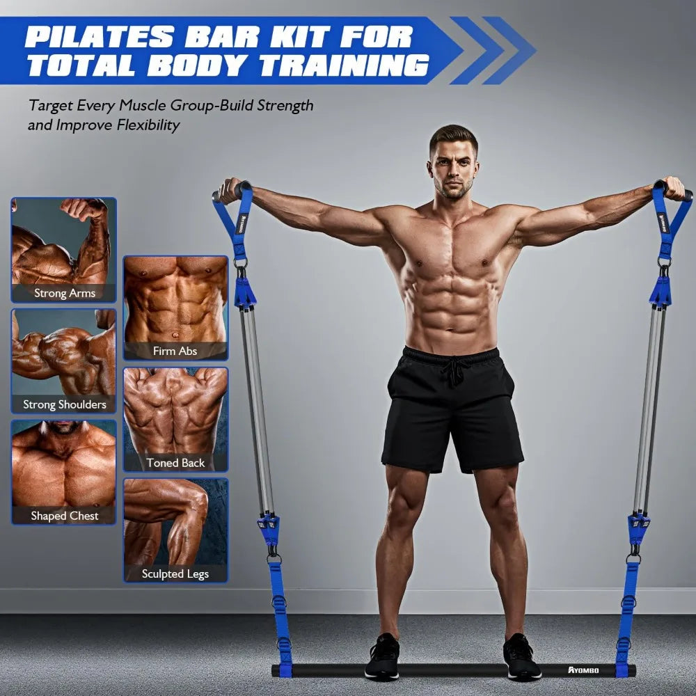Portable heavy-duty Pilates bar kit with blue resistance bands by S And B Enterprise for total body home workouts