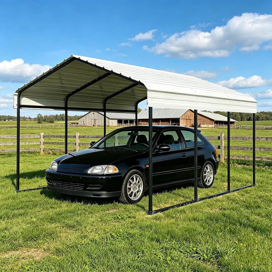 White metal carport with black frame, 10x15 ft, sheltering a black sedan in a grassy field.