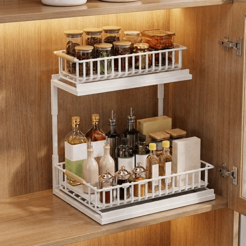 S And B Enterprise carbon steel 2-tier under-sink organizer, white rustproof slide-out cabinet rack, high capacity
