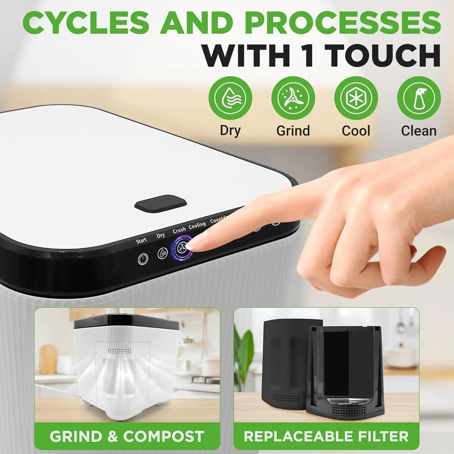 Electric Kitchen Composter With One-Button Operation Odorless Waste Bin