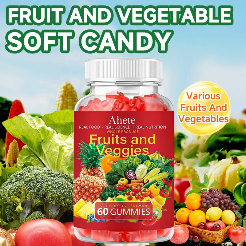 AHETE Fruits & Veggies Gummies - 15 Fruits & 14 Greens, 1200mg Total Produce Blend Per Serving, With Multiple Vitamins, Daily Fr by S And B Enterprise