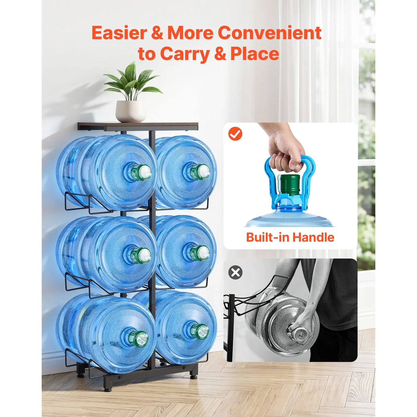 Water Jug Holder, 4 Tiers Double Rows 3 and 5 Gallon Water Bottle Holder for 6 Bottles, Heavy Duty Jug Rack Organizer with Handles, Foldable for Kitchen, Office, Living Room, Black and Brown