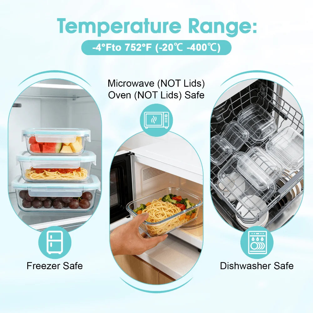 Glass food storage containers 24-piece set with light blue airtight snap lids; clear glass, microwave and dishwasher safe