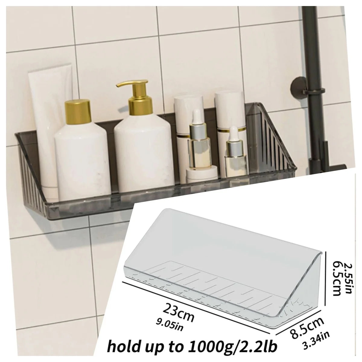 Bathroom storage shelf by S And B Enterprise; drill-free aluminum wall-mounted rack for shampoo bottles