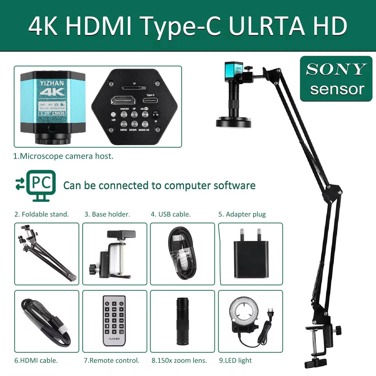 YIZHAN 4K soldering microscope with 1080p HDMI/USB camera, 1–150x zoom, blue body on adjustable stand