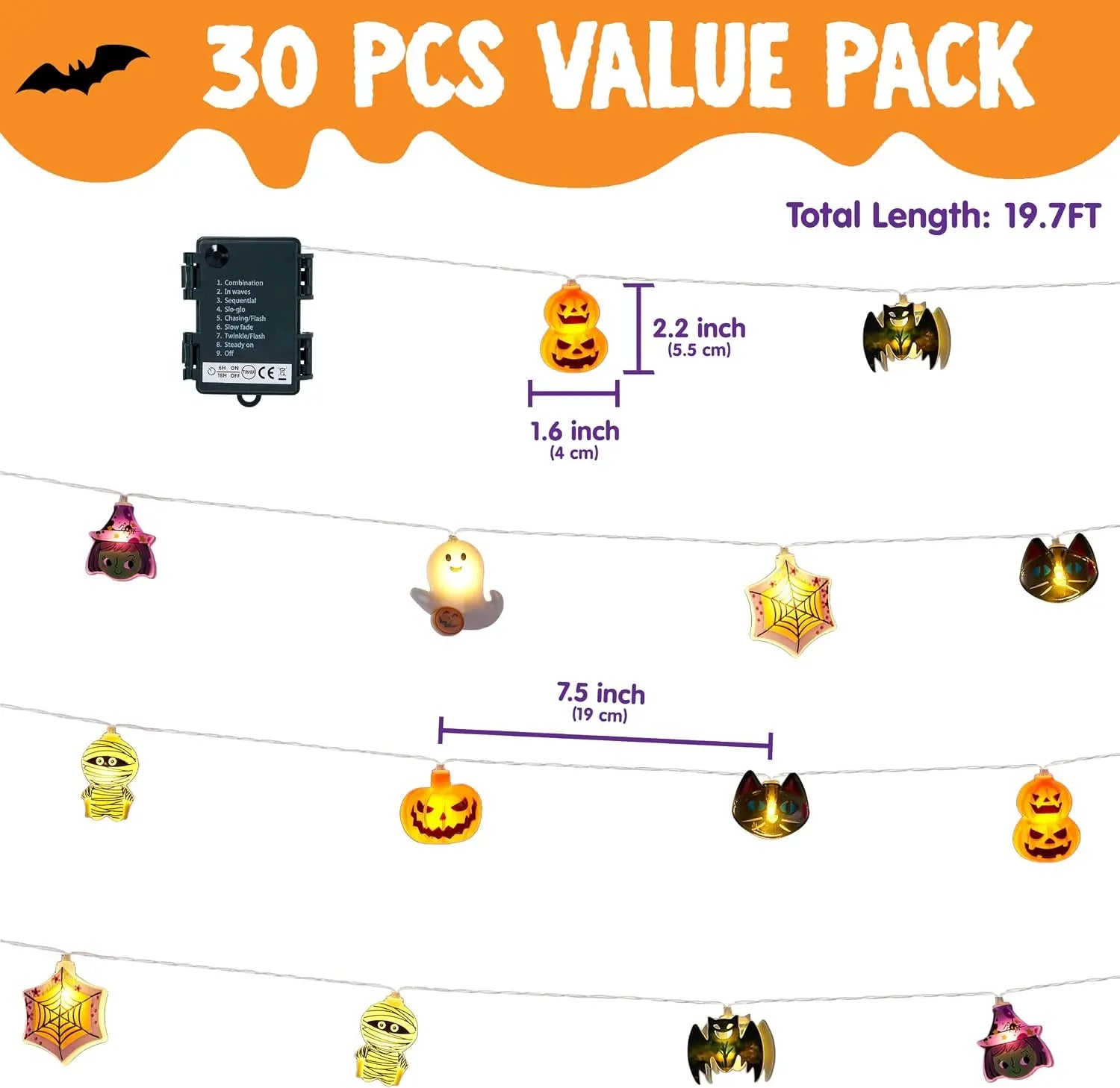 Halloween LED string lights, 19.7 ft, 30 ghost and pumpkin 3D designs, battery timer, 8 modes, S And B Enterprise