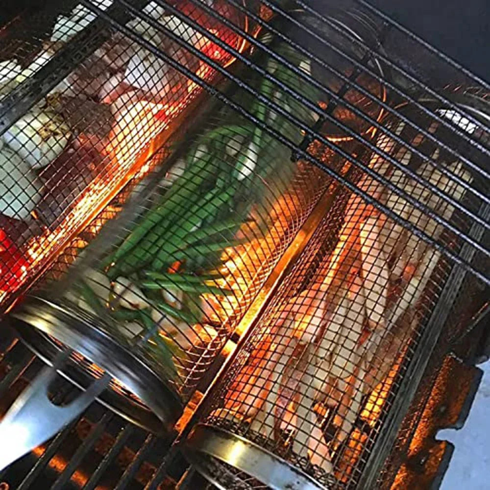 Stainless steel rolling BBQ basket; cylindrical leak-proof mesh grill for outdoor cooking and camping