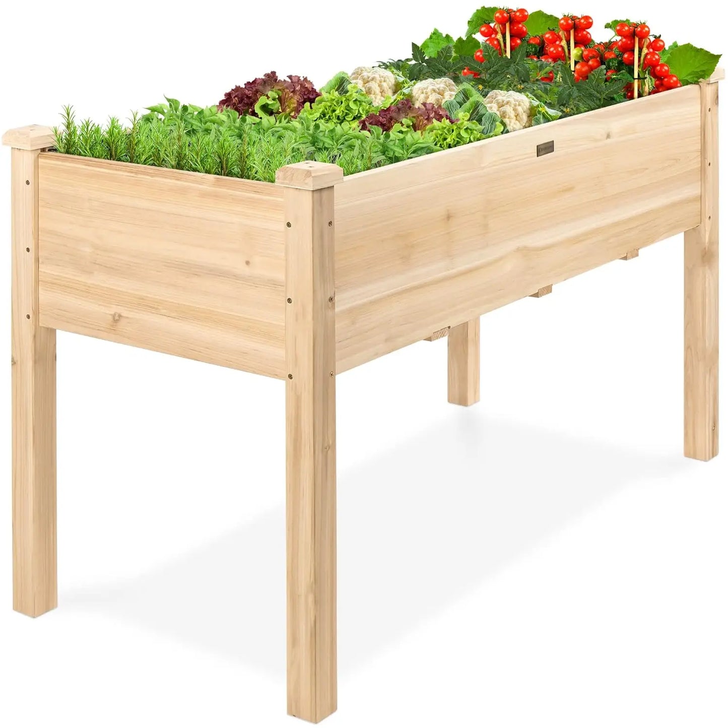 Elevated wooden planter box with bed liner on a stand by S And B Enterprise, 48x24x30, filled with herbs and tomatoes.