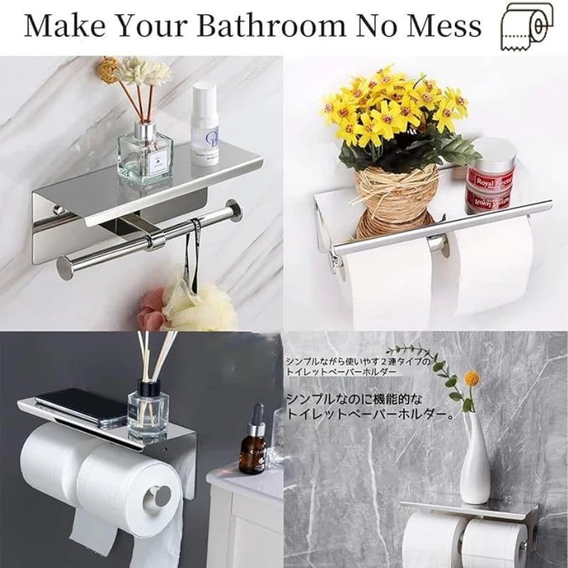 Wall-mounted 304 stainless steel toilet paper holder with shelf, double-roll; set of four views by S And B Enterprise
