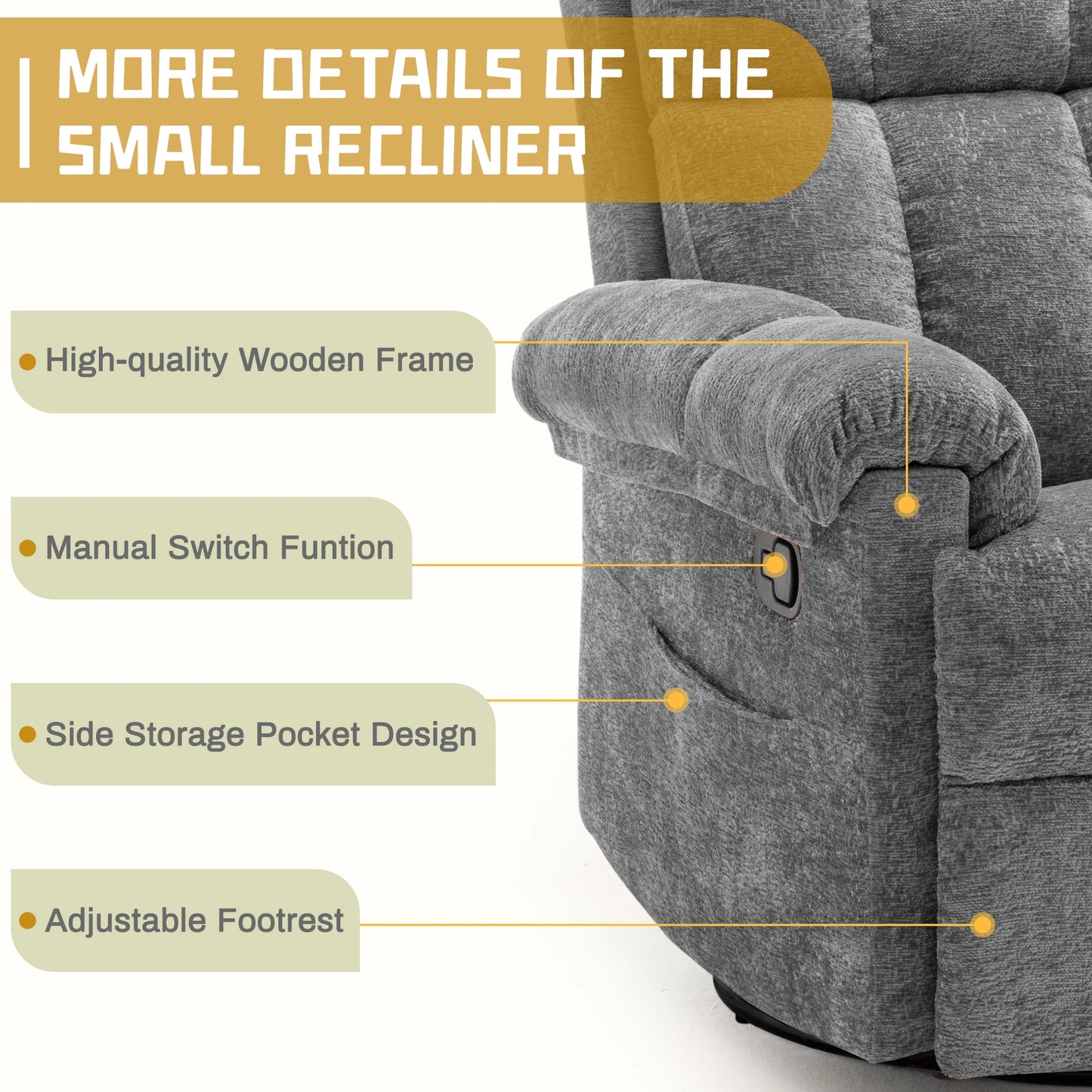 Korser swivel rocker recliner chair in gray chenille fabric for small spaces