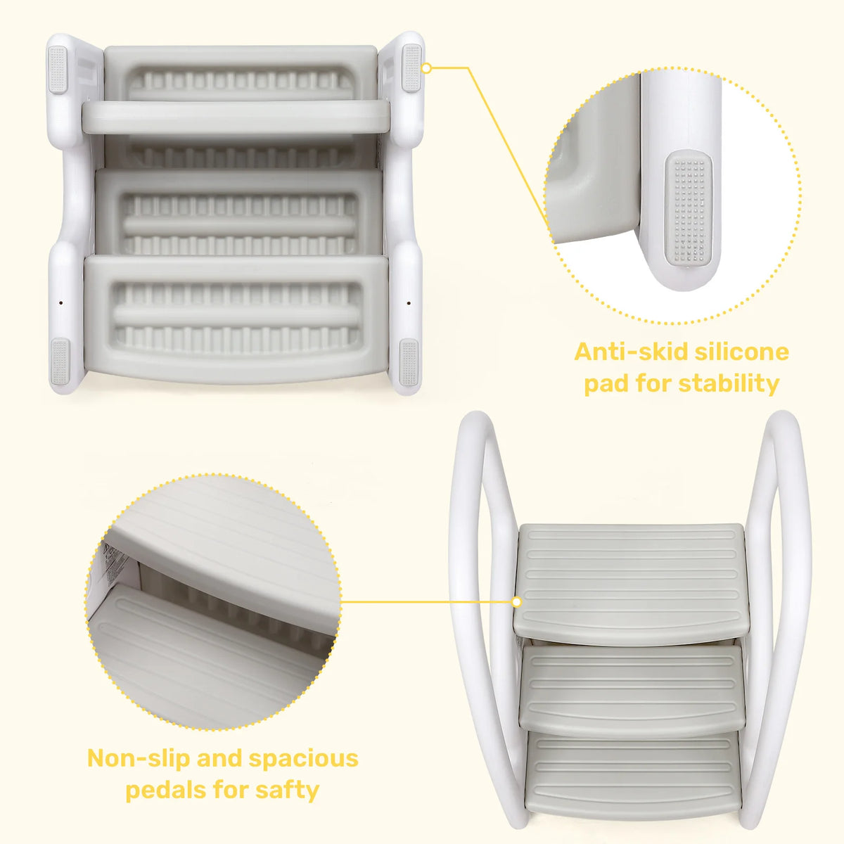Toddler 3-step plastic step stool with side handles and non-slip pedals, anti-skid pads by S And B Enterprise.