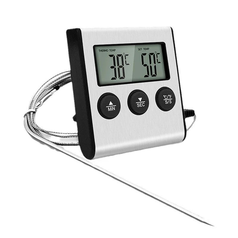 BBQ meat thermometer with digital display and dual probes in stainless steel body