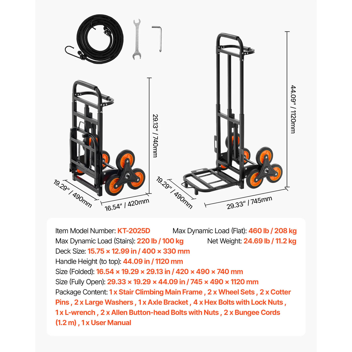SucceBuy stair climbing cart by S And B Enterprise; heavy-duty folding trolley with telescoping handle orange wheels.