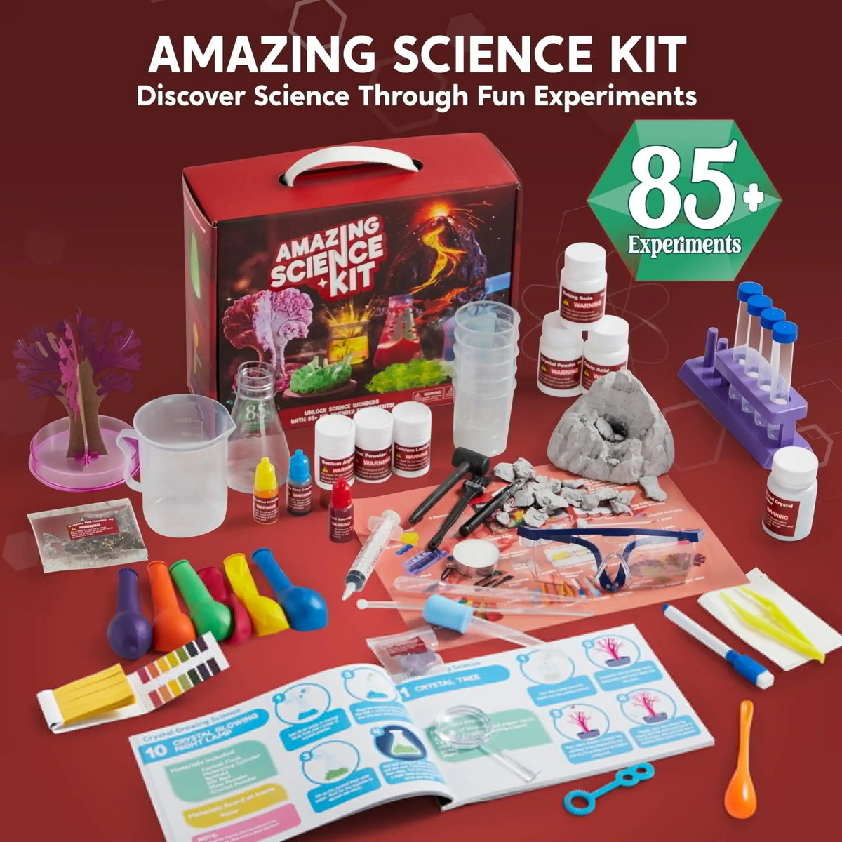 Amazing Science Kit box with 85+ STEM experiments and colorful plastic lab tools for kids 6-12.