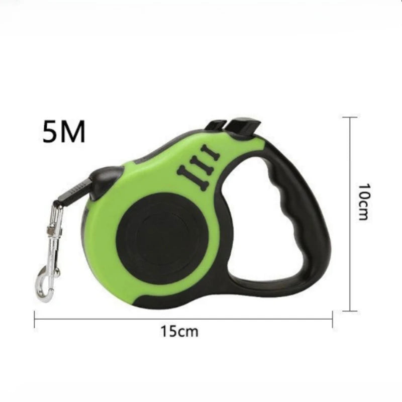 S And B Enterprise retractable dog leash, green and black with comfort grip, one-button lock, 5m length.