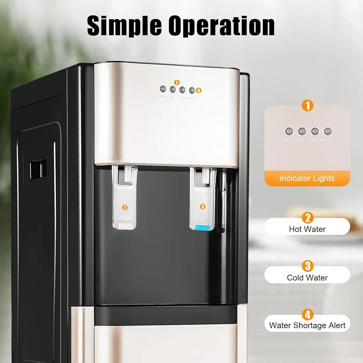 5-gallon bottom-loading water dispenser, black with stainless front panel, hot and cold taps.