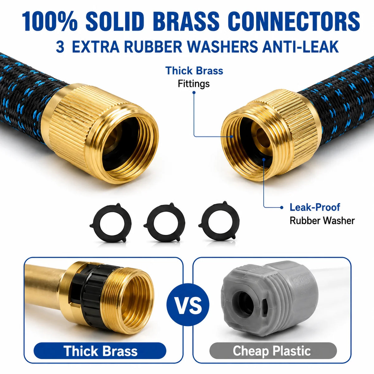 Expandable garden hose by S And B Enterprise; brass fittings, 8-mode nozzle, three rubber washers