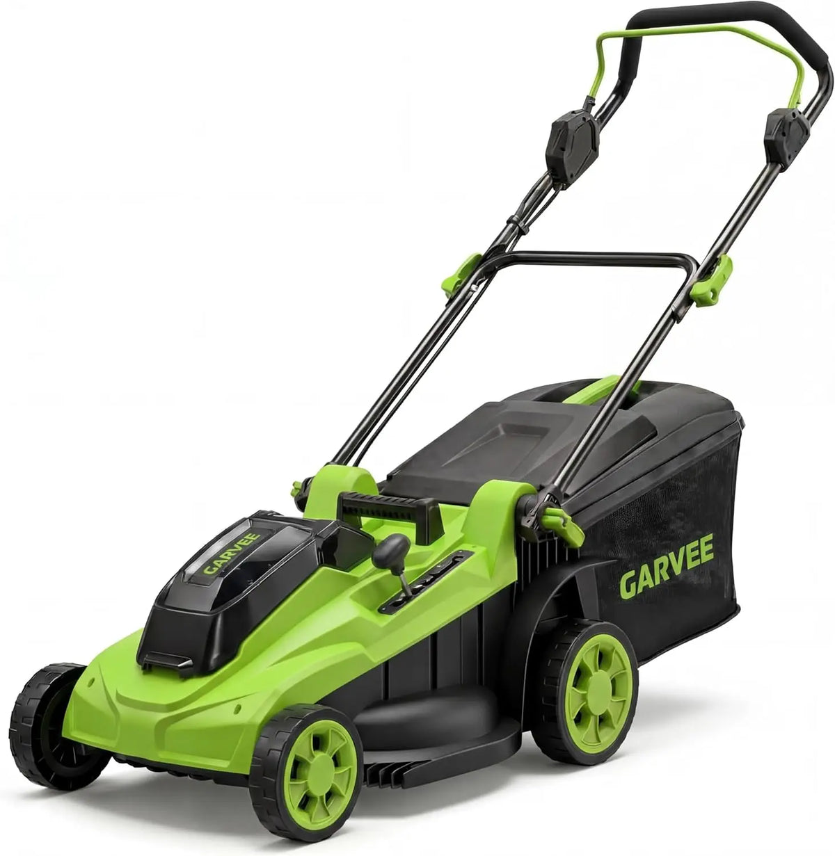17-inch cordless lawn mower by Garvee with foldable handle and grass bag in green and black