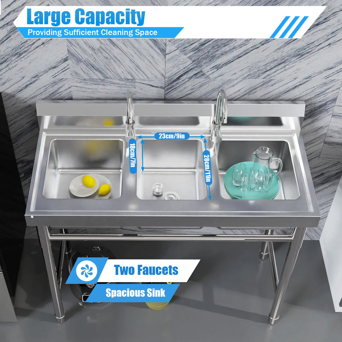 3 Compartment Stainless Steel Sink with 2 Faucets Freestanding Commercial Utility Sink Triple Bowl for Restaurant Garage Laundry
