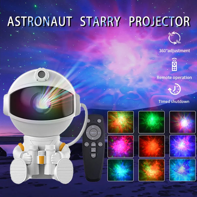 Astronaut projector lamp with remote; white plastic figure projecting colorful galaxy lights and 12 color options.