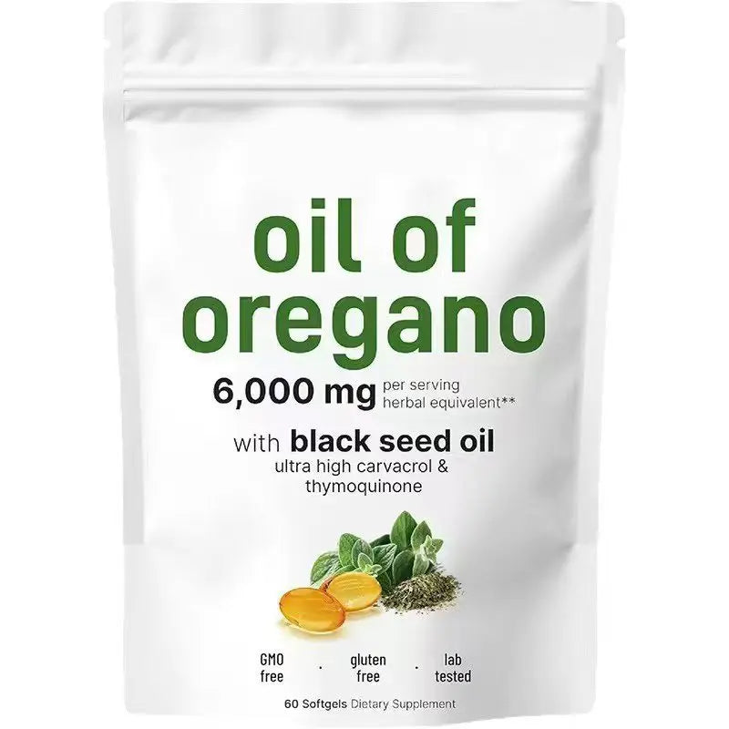 Oil Of Oregano Softgels with Black Seed Oil 6000mg - Premium Grade Oregano Oil Capsules for Immune & Digestive Support - Non-GMO