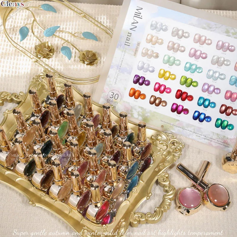 Glenys 30-color cat's eye nail polish gel set with gold caps on an ornate tray and color chart
