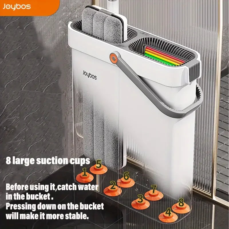 Joybos Ultra-Slim flat mop and bucket system with 8 suction cups and 2 microfiber pads