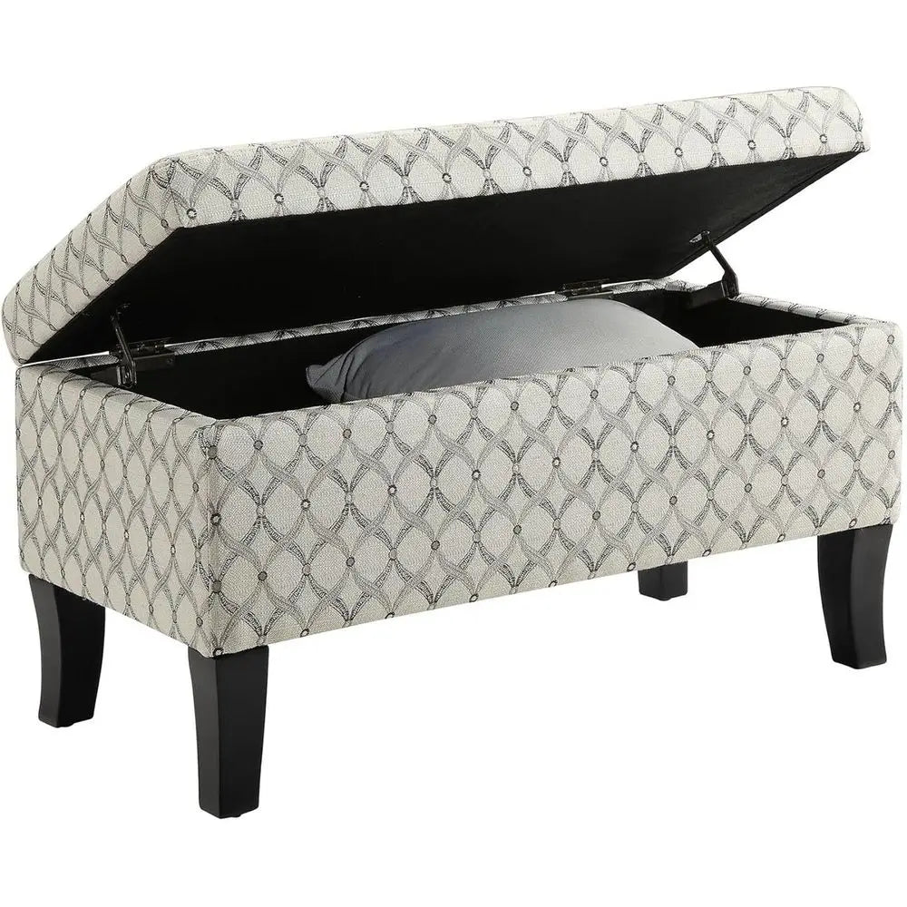Transitional ribbon-patterned upholstered storage ottoman with lid, gray fabric and black legs